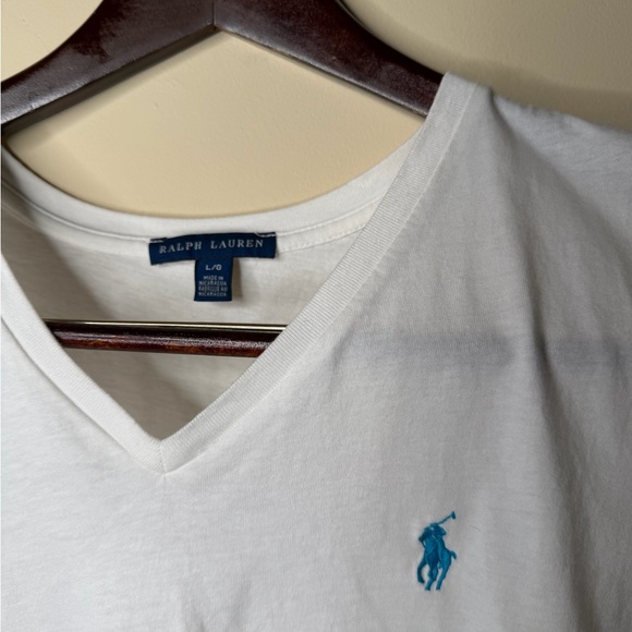 Vintage Ralph Lauren White V-Neck Tee with Blue Logo - Picture 5 of 7